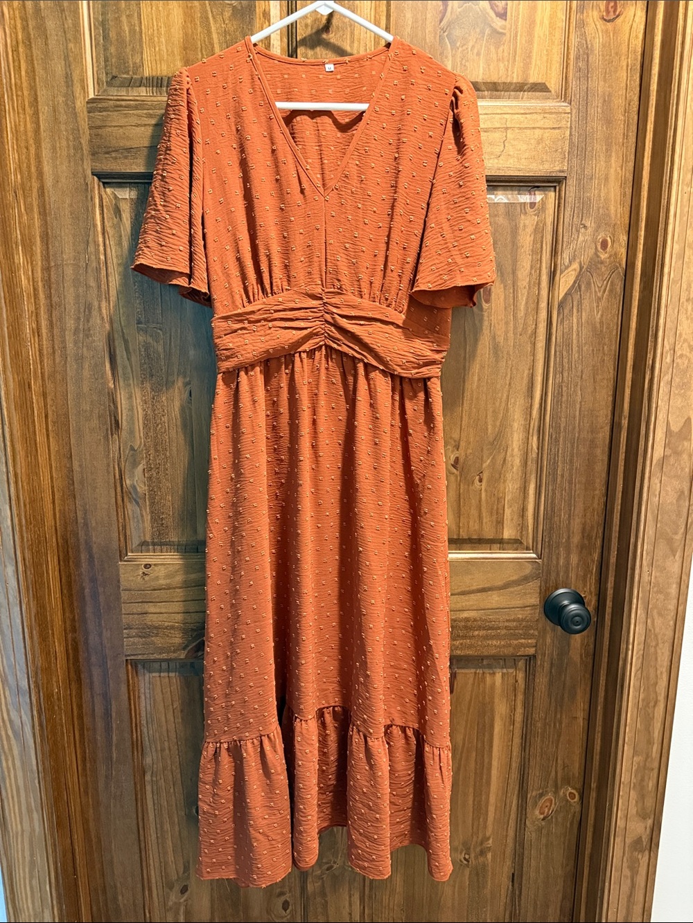 Rust Orange Textured V-Neck Midi Boutique Dress - Women